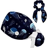 Scrub Caps Women Nursing Hats Jellyfish Animal with Buttons Ponytail Working Adjustable Pouch Tie Back