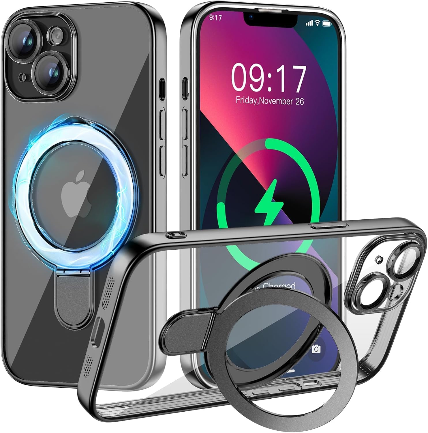 Pmteyoim Magnetic for iPhone 13 Case with Invisible Stand[Compatible with MagSafe][Full Camera Lens Protector][Military Drop Protection] Shockproof Not Yellowing Clear Slim Soft for Women Men