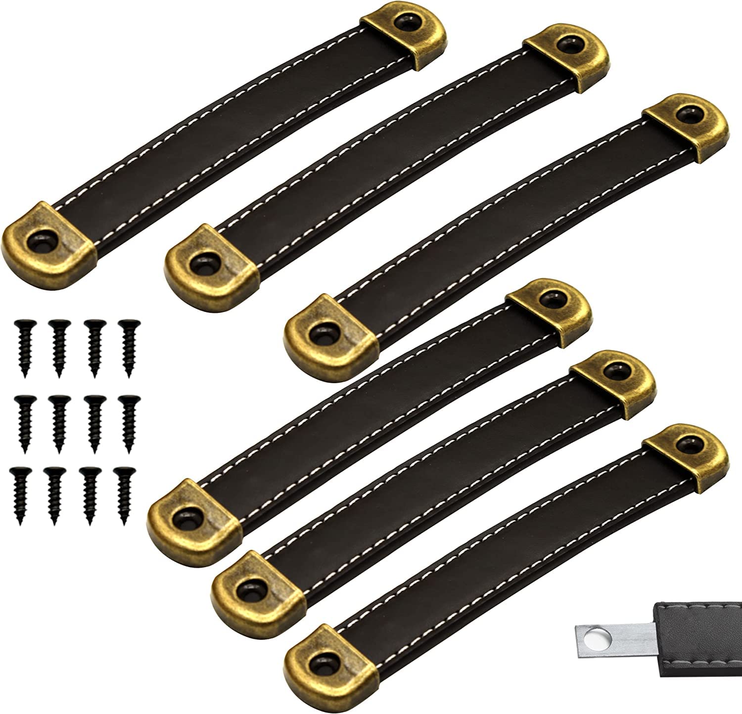 SYZOW Black Leather Drawer Pulls 6 Pack 160mm Leather Handles Cabinet knobs for Kitchen Cabinet Drawers Bathroom Dressers