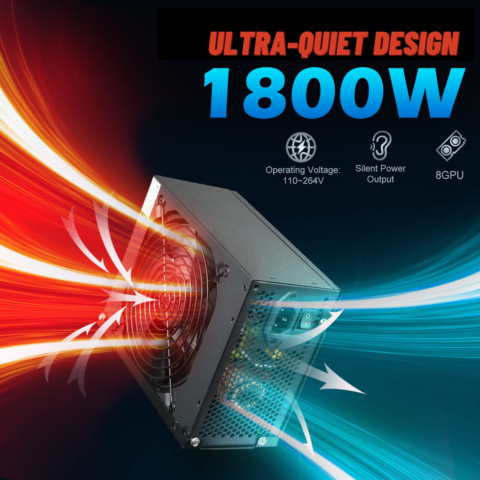 VTRETU 1800W Mining Power Supply ATX PSU Supports GPU Mining Rig Input110V-220V, Output 1600W-1800W 4U Power Supply Including 10 Connecting Cables and 1 Power Cord