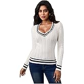 GORGLITTER Women's Bow Lightweight Sweater Tops V Neck Long Sleeve Crop Tops Cable Knit Tops