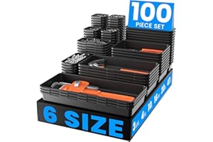 A-LuGei 【Fits 100+ Tools】 【100-Piece 6-Size】 Tool Organizer Tray Set - Black Plastic Drawer Dividers for Garage Cabinets, Rolling Tool Chests, Workbenches & Office Storage