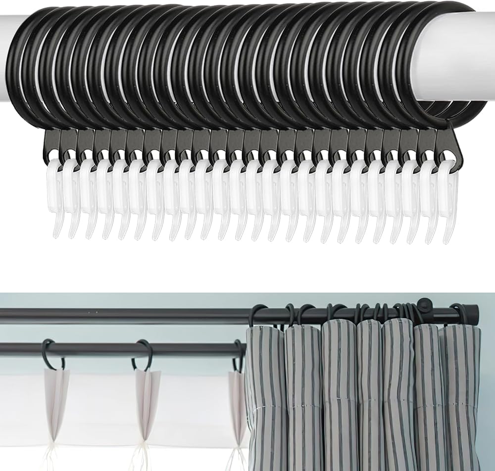 Hoiny Curtain Rings 24pcs Black Metal Rings with 24pcs White Hooks 30 mm