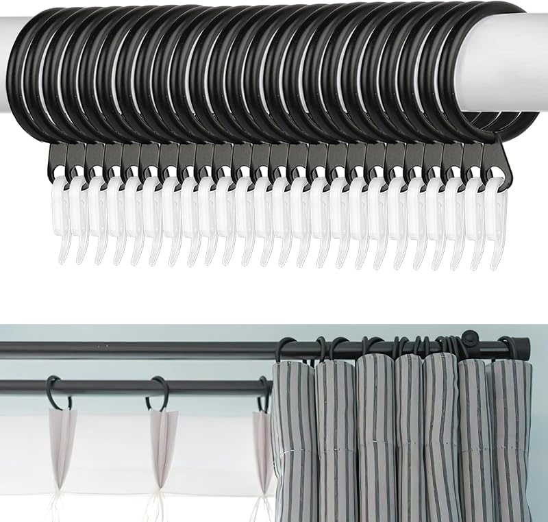 Hoiny Curtain Rings 24pcs Black Metal Rings with 24pcs White Hooks 30 mm