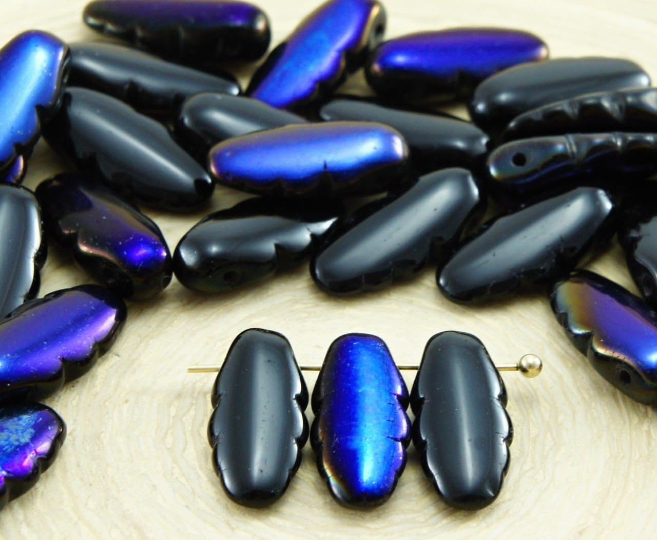 24pcs Black Opaque Azuro Serrated Carved Dagger Flat Czech Glass Beads 13mm x 6mm