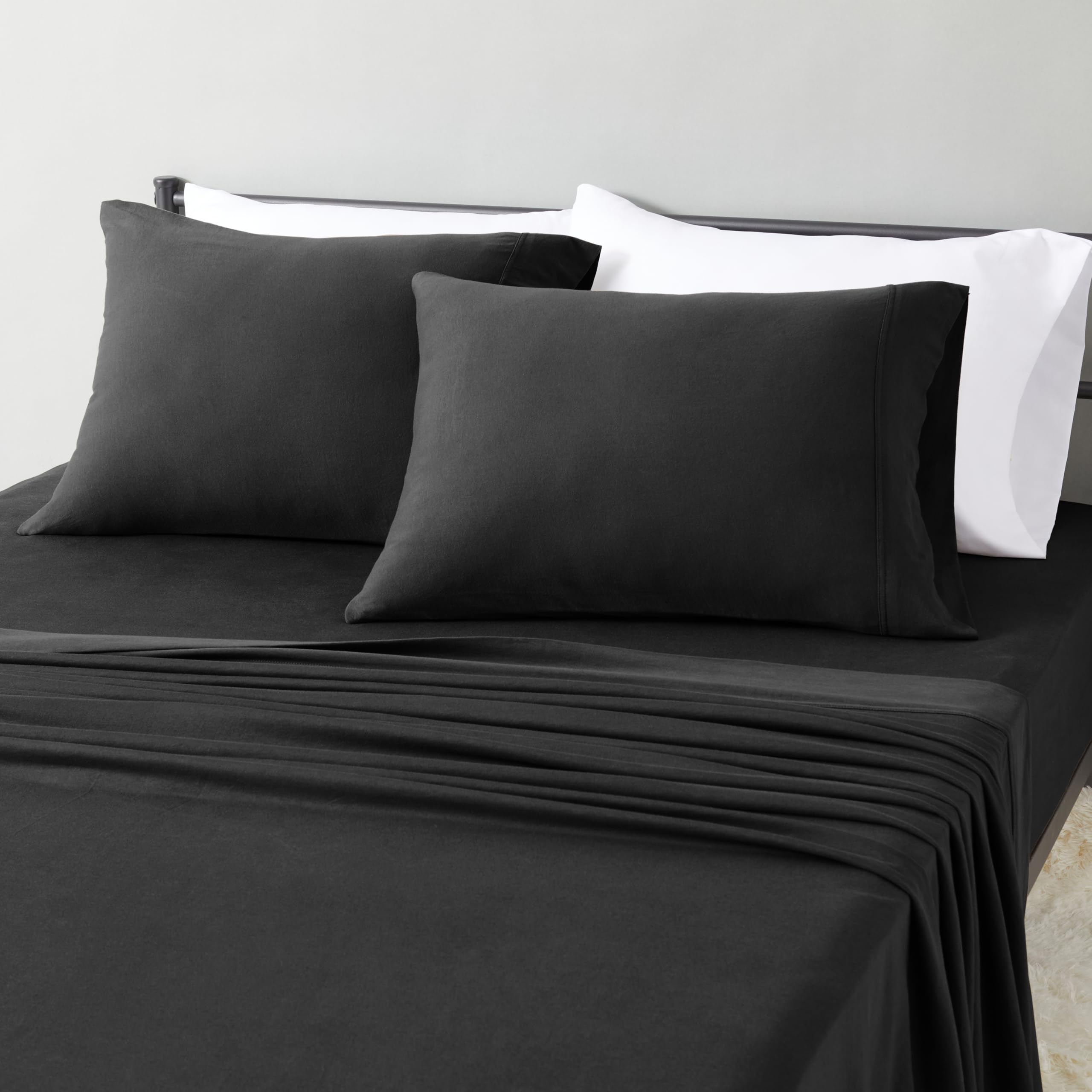 Amazon Basics 100% Cotton Jersey Bed Sheet Set, Queen, Black, Solid Image