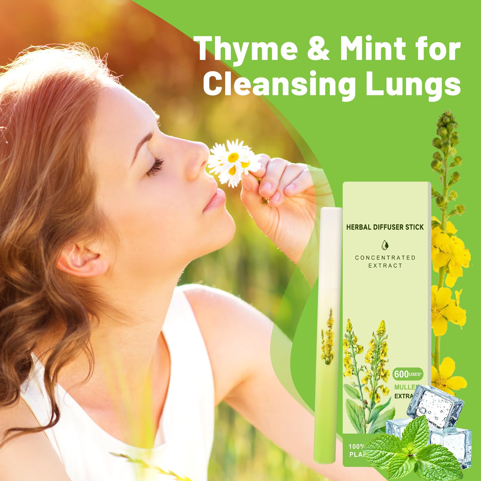 Mullein Herbal Diffuser Upgraded with Extracts of Mullein, Thyme and Mint for Cleansing Lungs, Improving Breathing and Oral Air Freshening- 2 Stick, 2 Pack
