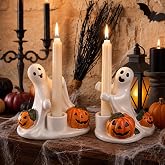 Vesici 2 Pcs Halloween Pumpkin and Ghost Candle Holder for Centerpieces | Ceramic Tealight Candle Stick Holder, Parties Holiday Tabletop Decor, Anniversary Engagement Gift