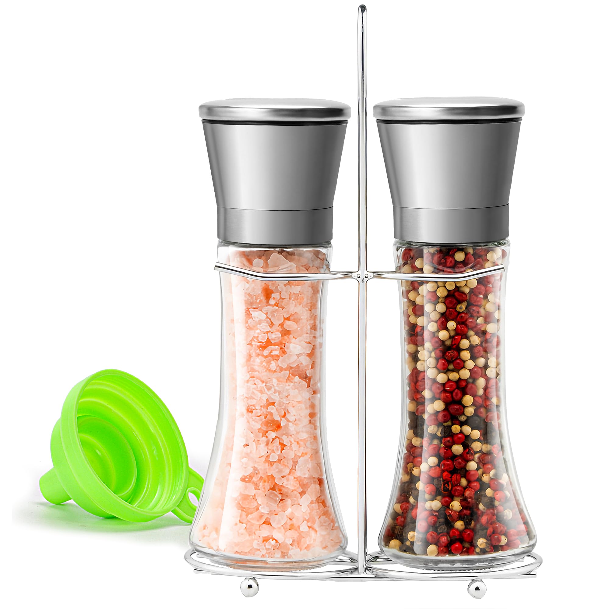 M JINGMEI Salt and Pepper Grinder Set - Stainless Steel Refillable Salt & Peppercorn Shakers (2.6" W x 7.5" H - 2 Pack with Holder)