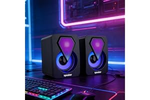 Computer Speakers, Desktop PC Speakers with 6 Colorful RGB Lights, Headphone Jack, Enhanced Bass and Volume Control, USB Powe