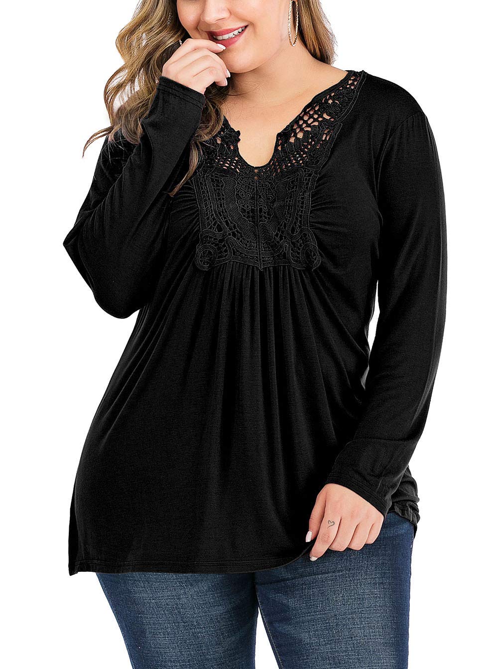 YASAKO Womens Pleated Tops Plus Size V-Neck Lace Blouse Swing T-Shirts Flowy Long Sleeve Casual Tunic,Black,2XL