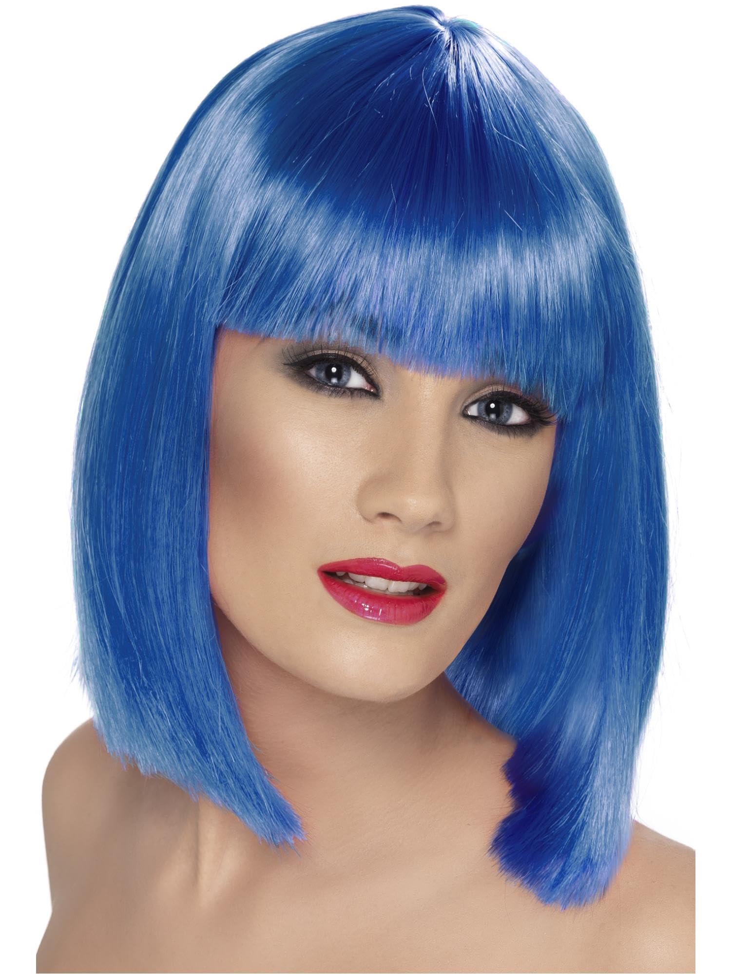 Smiffys Glam Wig, Blue Short, Blunt with Fringe, Ladies Glamour Wigs Fancy Dress, Adult Dress Up Wigs Halloween