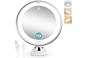 Auxmir 2024 Upgraded 10X Magnifying Lighted Makeup Mirror with 3 Color Lights, Rechargeable Vanity Mirror with Power Suction Cup, 360° Swivel, Touch Dimmable Lighted Bathroom Mirror for Home Travel