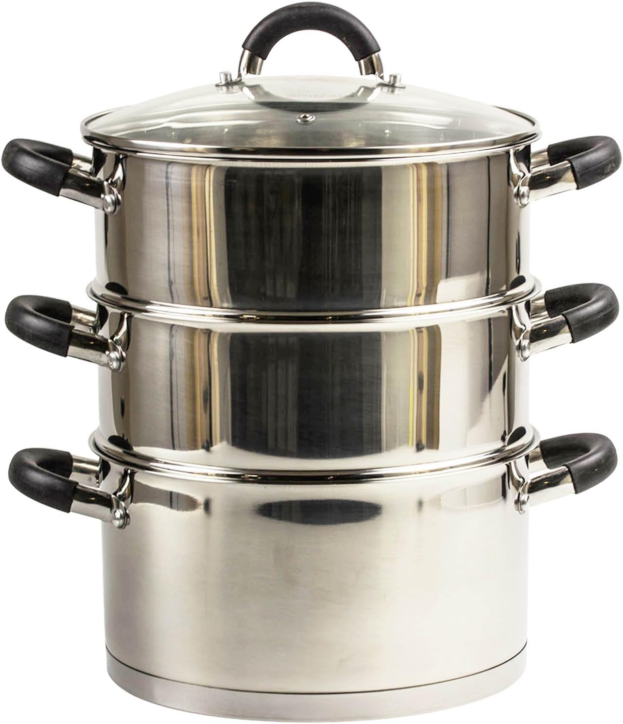 24cm 3 TIER SET STAINLESS STEEL VEGETABLE FOOD STEAMER PAN INDUCTION BASE GLASS VENTED LID