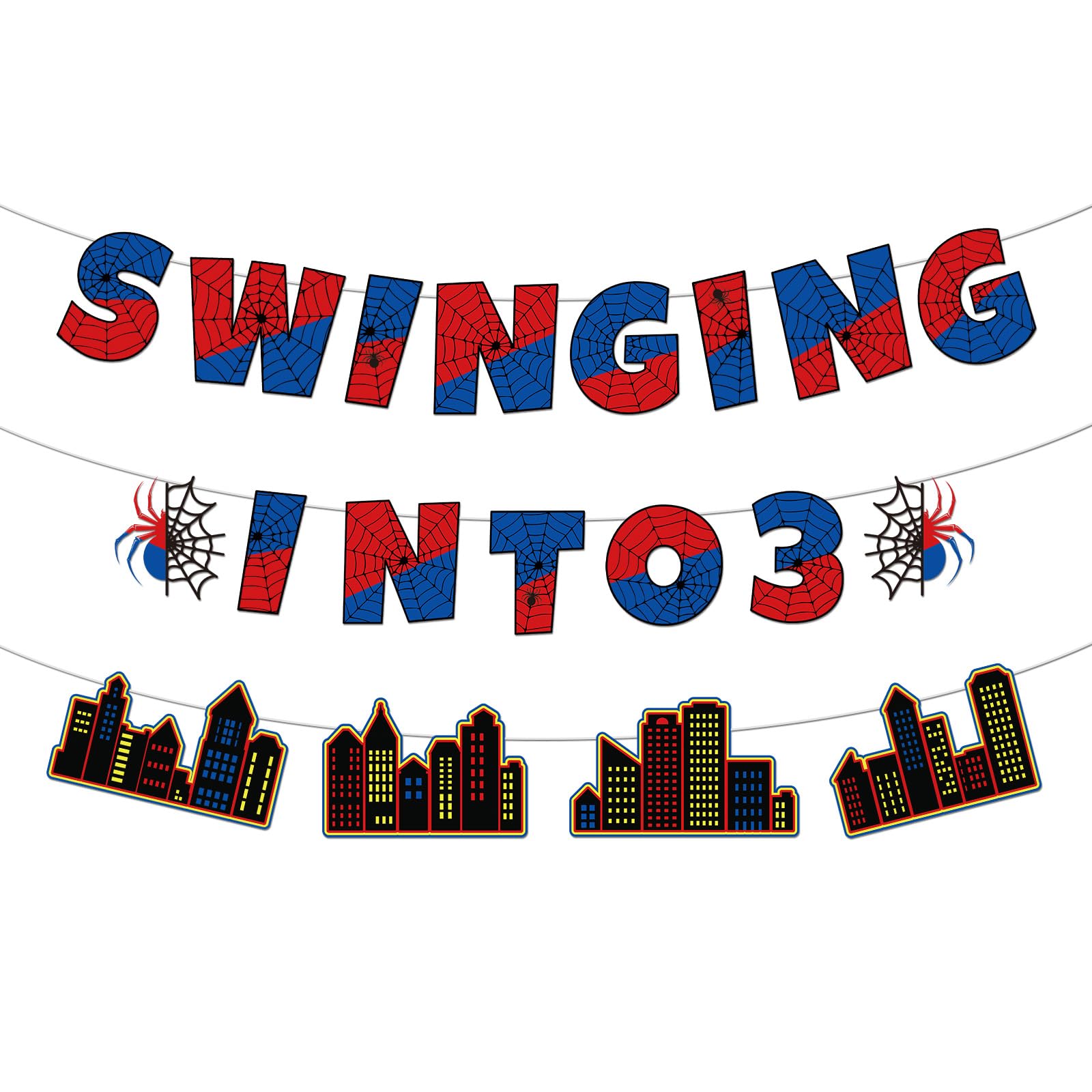 Spider Theme 3rd Birthday Banner, Pre-Strung Swinging Into 3 Hanging Decor Spider Web Design Party Banner for Girls Boys Birthday Party Decoration Supplies