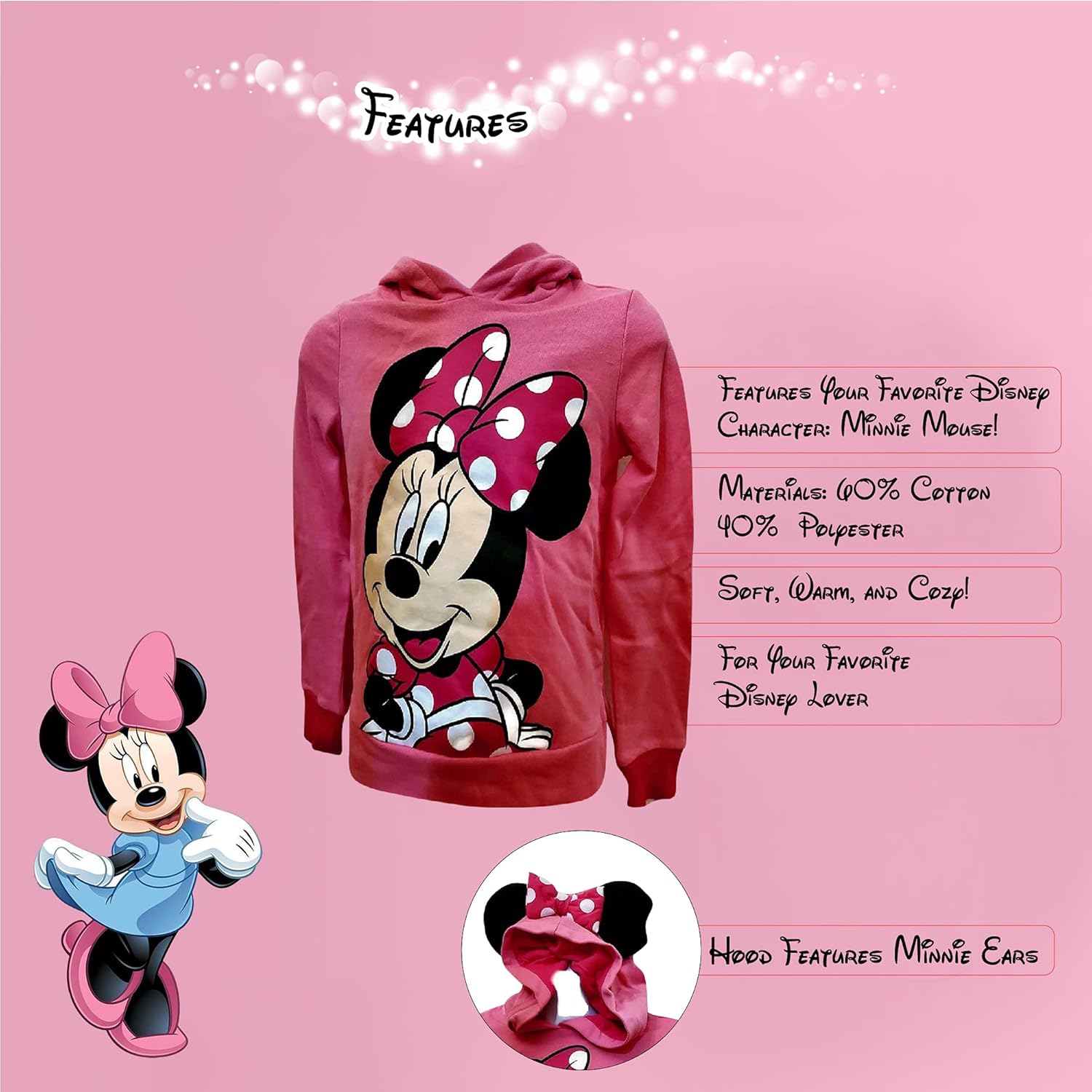 Disney Sweet Minnie Girls Ear Hoodie, Pink, XLarge: Clothing