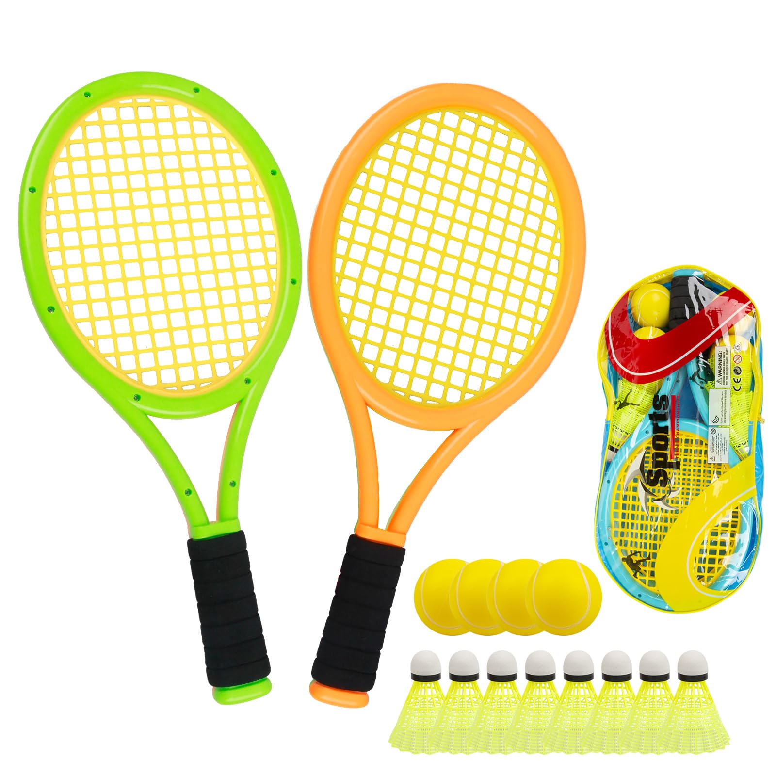Nileatry Kids Tennis Rackets,Bat And Ball Set Include 8 Badminton Shuttlecocks,4 Sponge Balls And 2 Tennis Rackets,Orange&Green