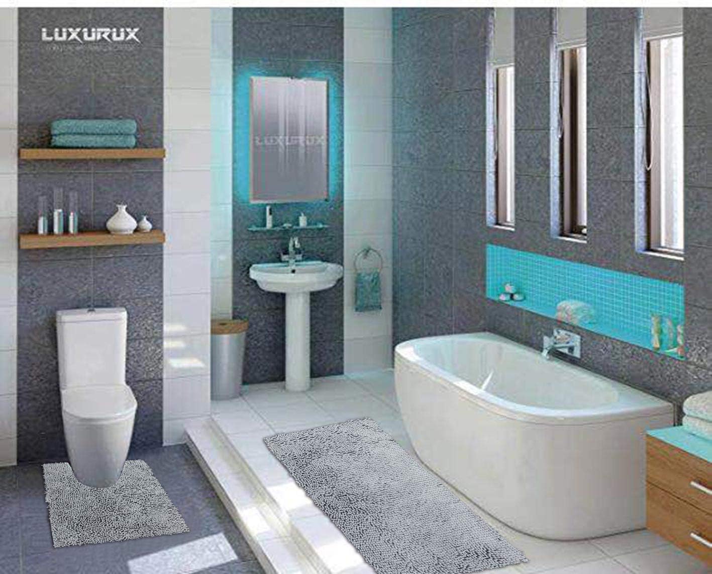 Bathroom Rug Mat Set 27.5" x 47" Grey Chenille Bath Rug + U Toilet Mat Perfect Plush Carpet for Shower, Bath Room, Bedroom (20x24Ushape+27.5x47, Grey)