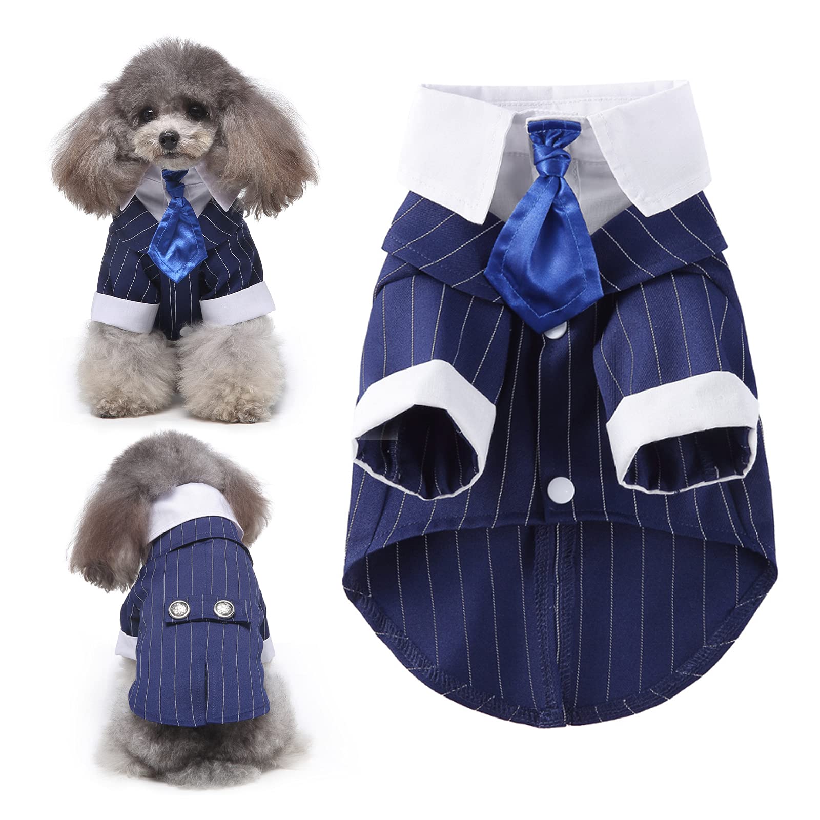 HACRAHO Dog Wedding Tuxedo, 1 Piece Blue Dogs Striped Tuxedo with Tie Dog Tuxedo Bow Tie Shirt for Wedding Party Dogs Cats Puppy, Chest Girth 20.47"