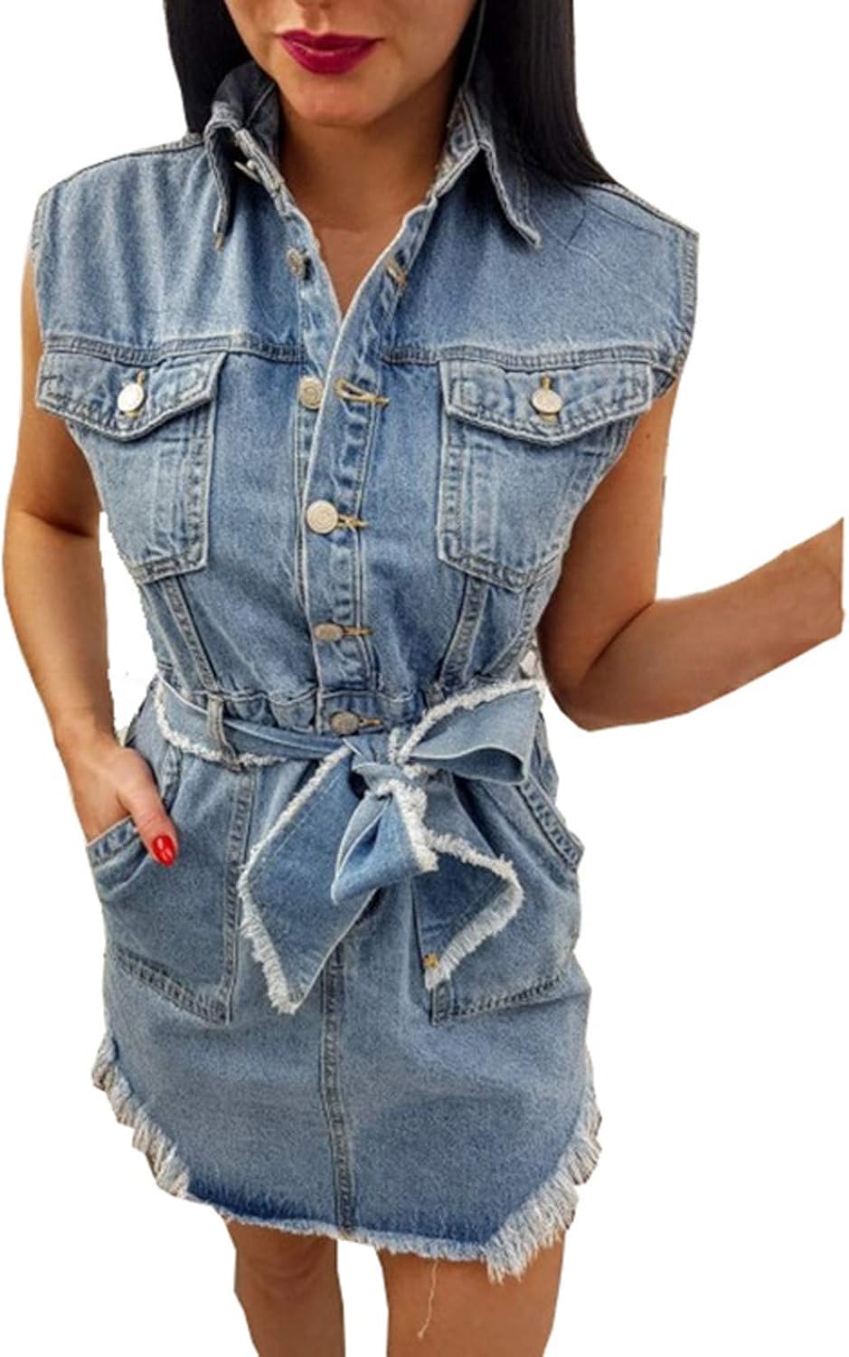 BHGFT Women's Casual V Neck Sleeveless Dress Denim Faux Buttons Pocket Jean Mini Dress at Amazon