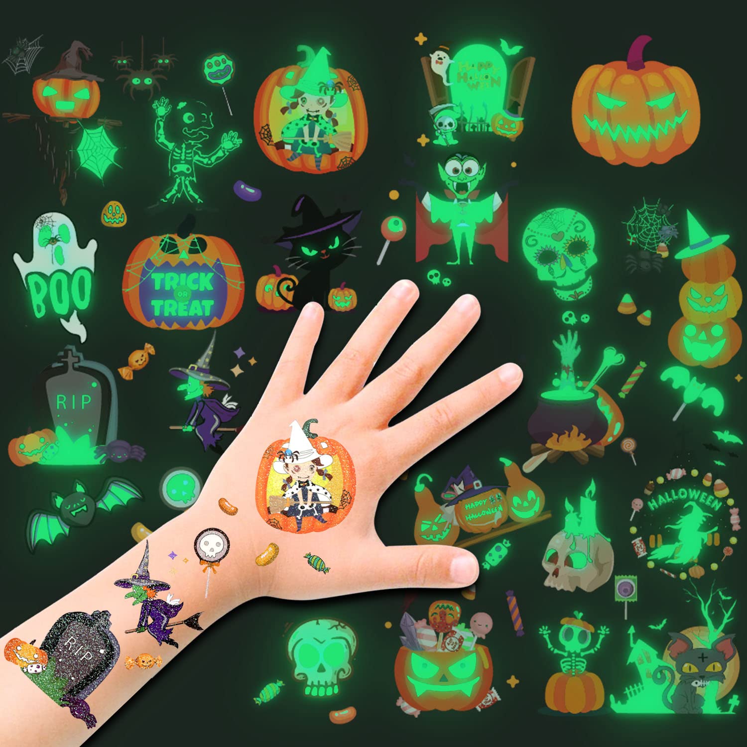 HOWAF Halloween Tattoos for Kids, Glow in the Dark Tattoo Stickers - Trick or Treat Party Bag Fillers/Halloween Decorations, Skull, Ghosts, Pumpkins, Vampire, Bats, + More