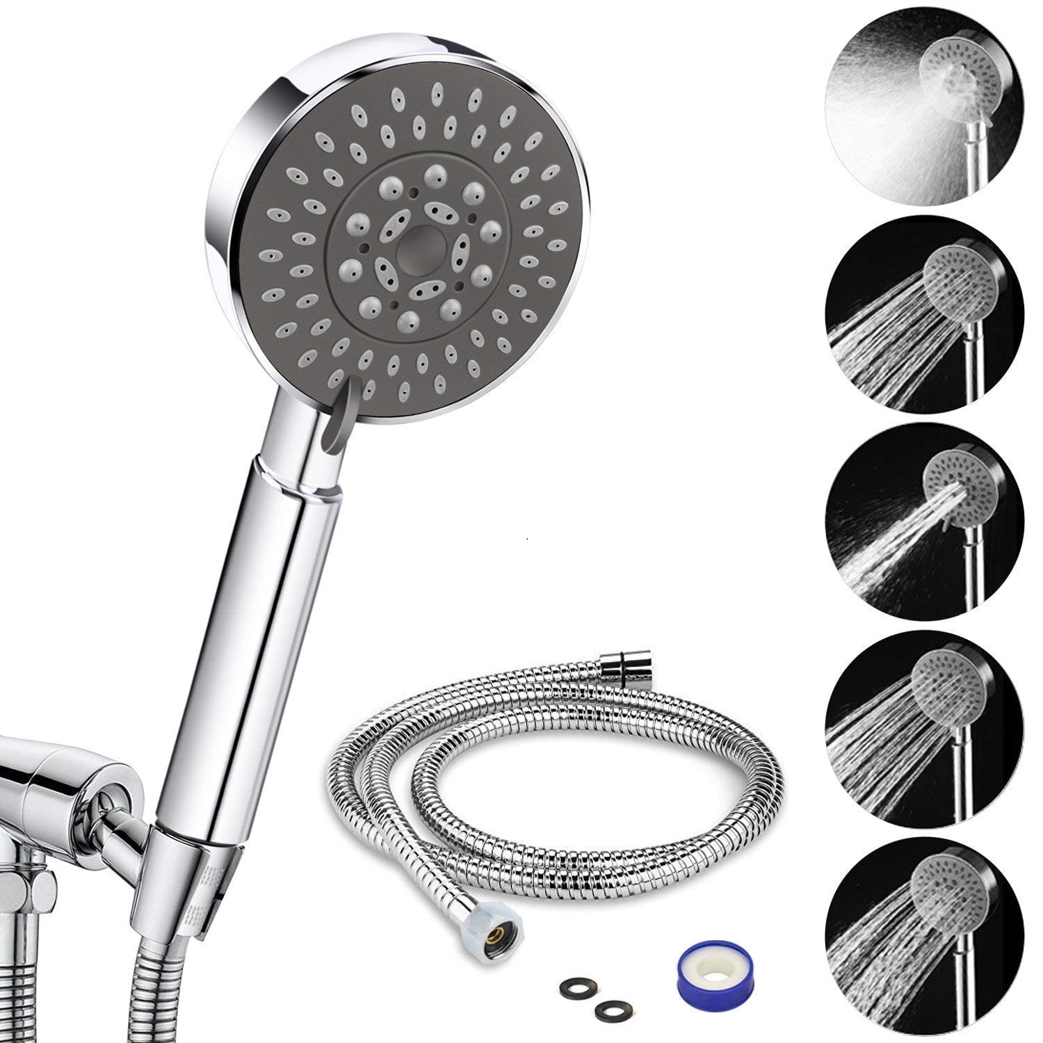 Shower Head with Hose, Qhui Shower Head Universal Fitting with Adjustable 5 Sprays Modes Bath Shower Head Handheld Handset Chrome Luxury with Massage Experience