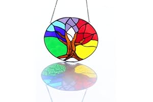 BOXCASA Tree of Life Decor Stained Glass Window Hangings,Tree of Life Suncatcher for Window Round Stained Glass Panel,Rainbow Colorful Home Decor Gifts for Women Mom Grandma