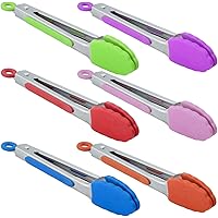 HINMAY Small Silicone Tongs Set 7-Inch Colorful Mini Tongs, Set of 6 (Green Red Blue Purple Pink Orange)
