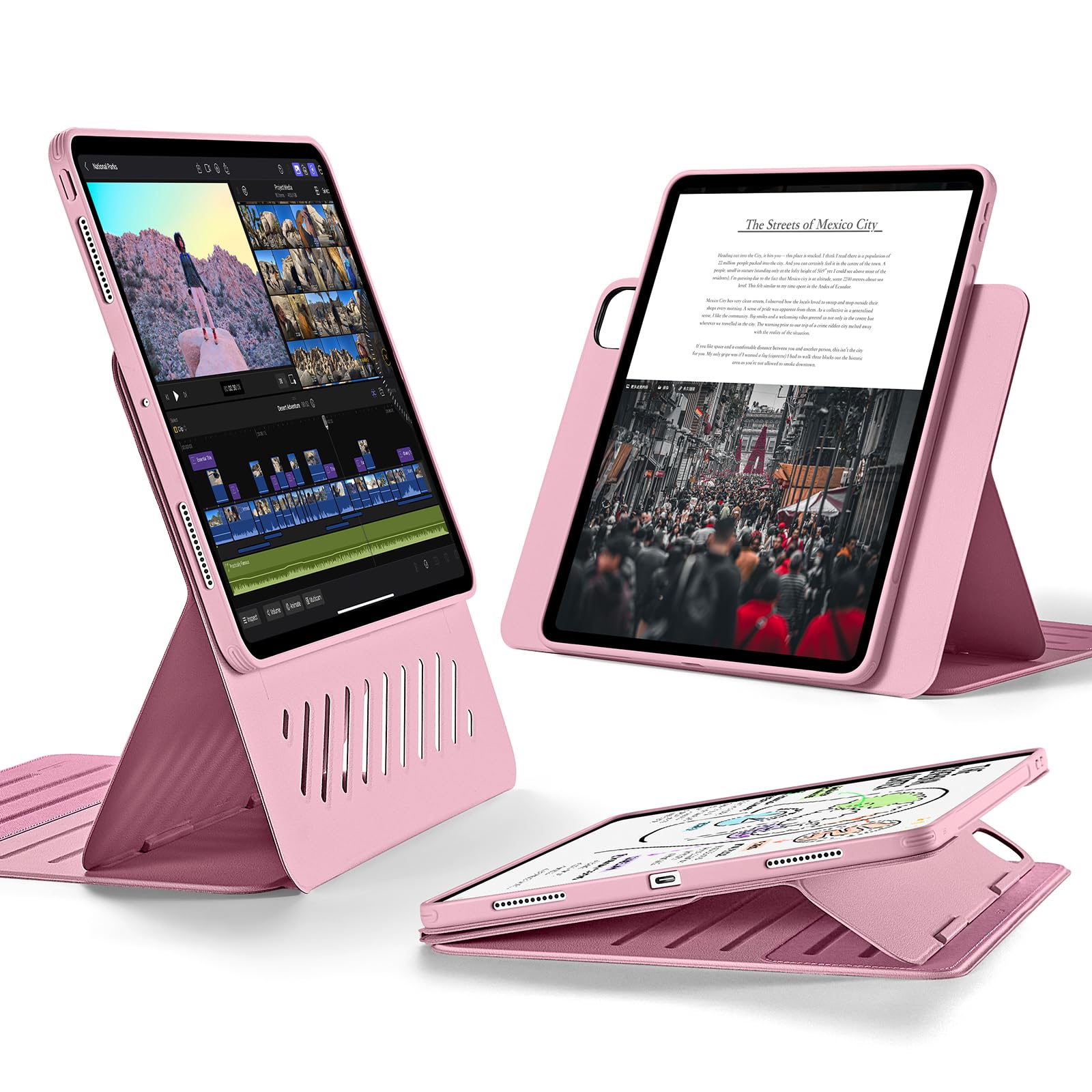Photo 1 of ESR for iPad Pro 13 Inch Case M4(2024), iPad Pro 13 Rotating Case with Removable Magnetic Cover, Adjustable Portrait/Landscape Stand with Raised Screen View, 9 Standing Angles, Shift Series, Pink
