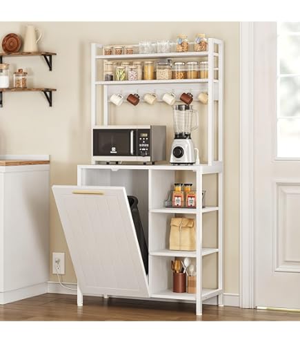 TITIMO Farmhouse Bakers Rack With Trash Can Cabinet & Outlets – 6-Tier Kitchen Coffee Bar Station
