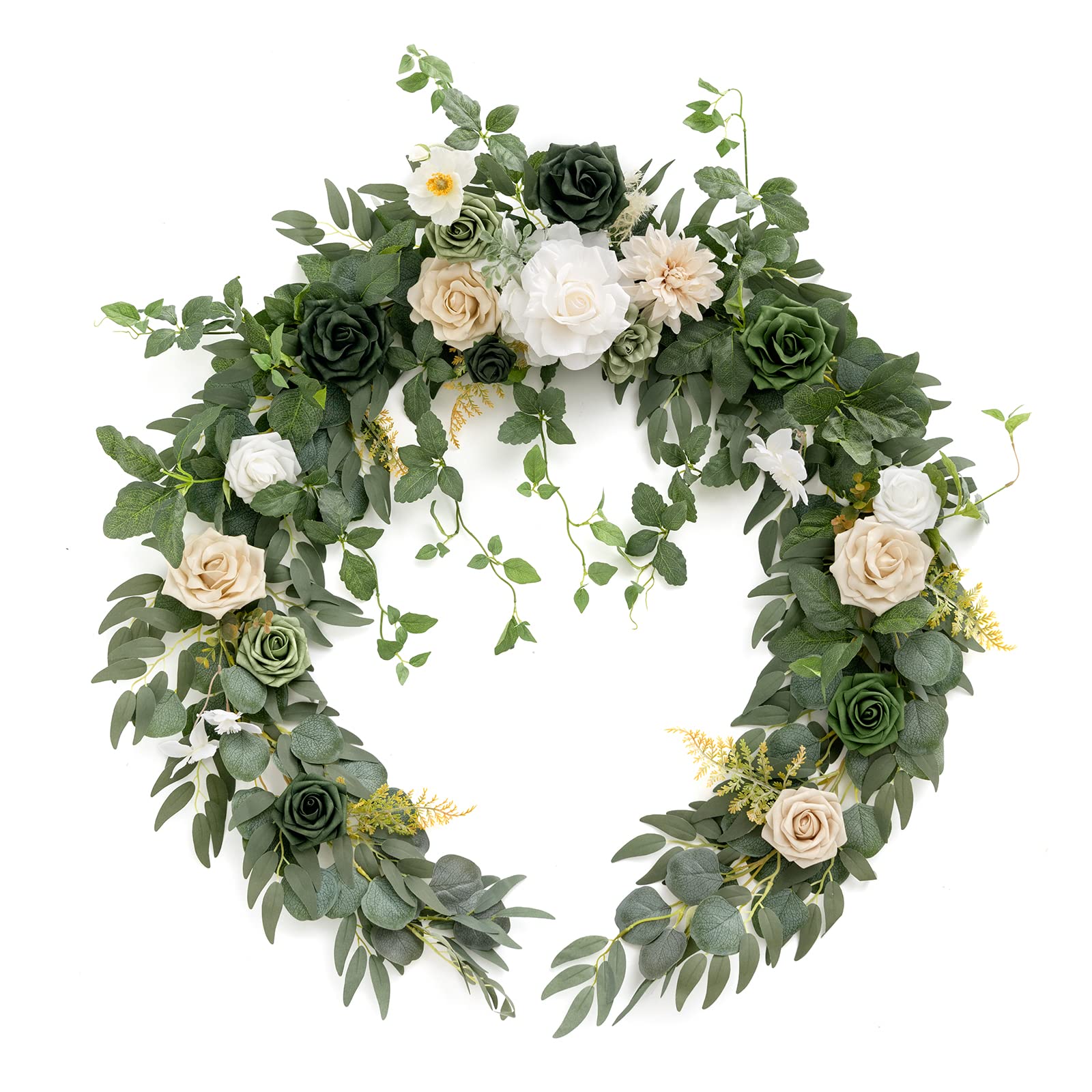 Photo 1 of **MISSING FLOWERS IN CENTER**Ling's Moment Summer Green Flower Garland - 6FT Eucalyptus & Rose - Sweetheart Table Decor for Wedding Reception, Artificial Floral Garland for Mantle, Christmas Decoration, Emerald & Tawny Beige
