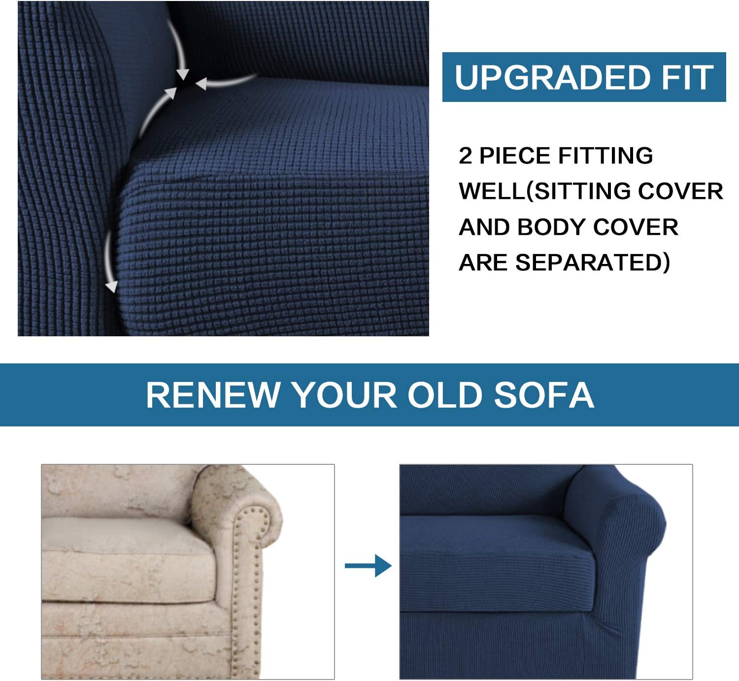 High Stretch 2-Piece Armchair Cover / Sofa Chair Covers / Slipcover Furniture Protector for Chairs, Made of Rich Textured Spandex Small Checks Knitted Jacquard Fabric (Chair, Navy): Kitchen & Dining