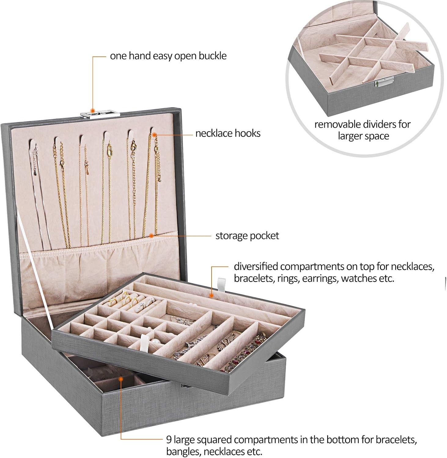 BEWISHOME Jewelry Box for Women 35 Compartments Jewelry Organizer - 6 Necklace Hooks, 2 Layers - Jewelry Boxes Display Storage Case Jewelry Holder for Girls Grey SSH71H: Home Improvement