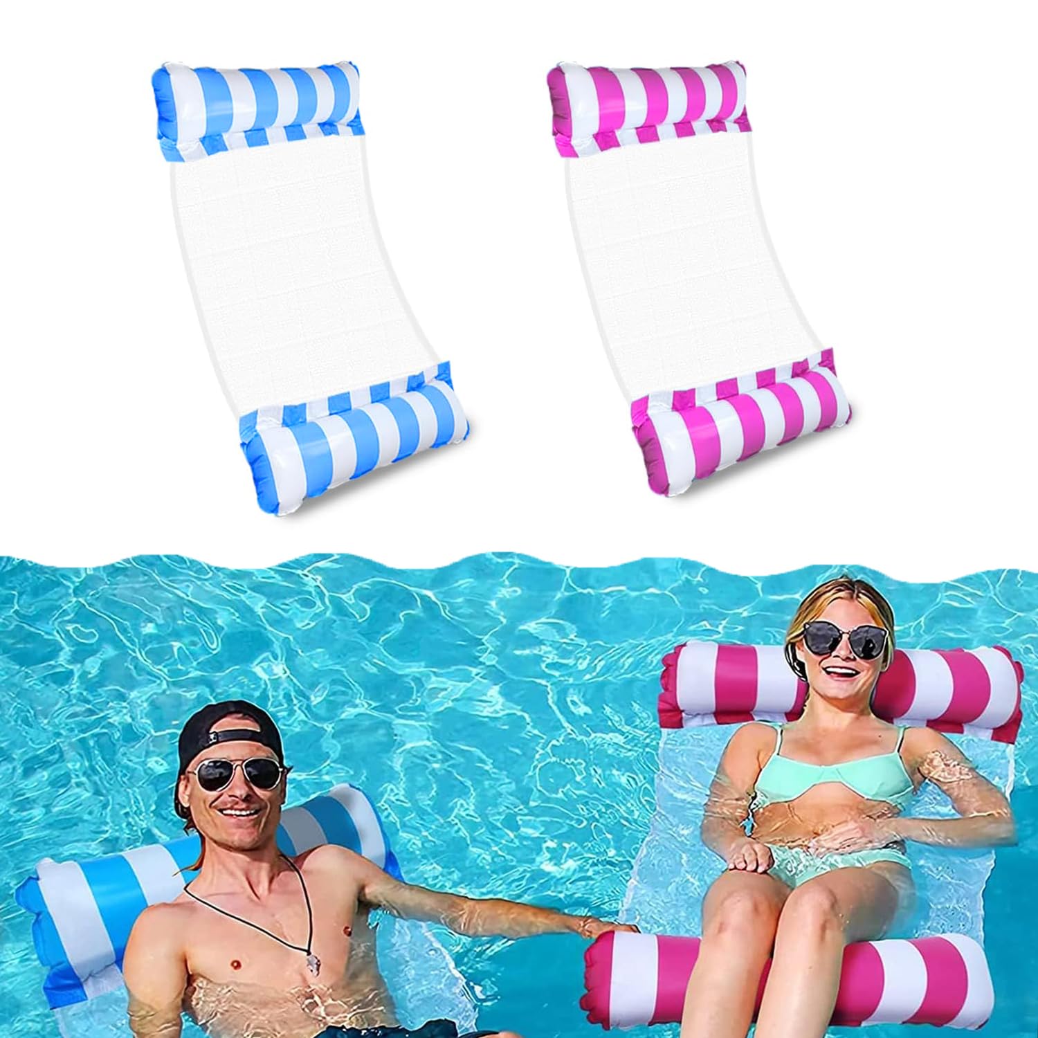 WUBAYI 2 Pack Pool Inflatable Water Hammock,Swimming Pool Floats 4 In 1 Floating Chair For Adults Kids Lounge Chair,Blue&Pink