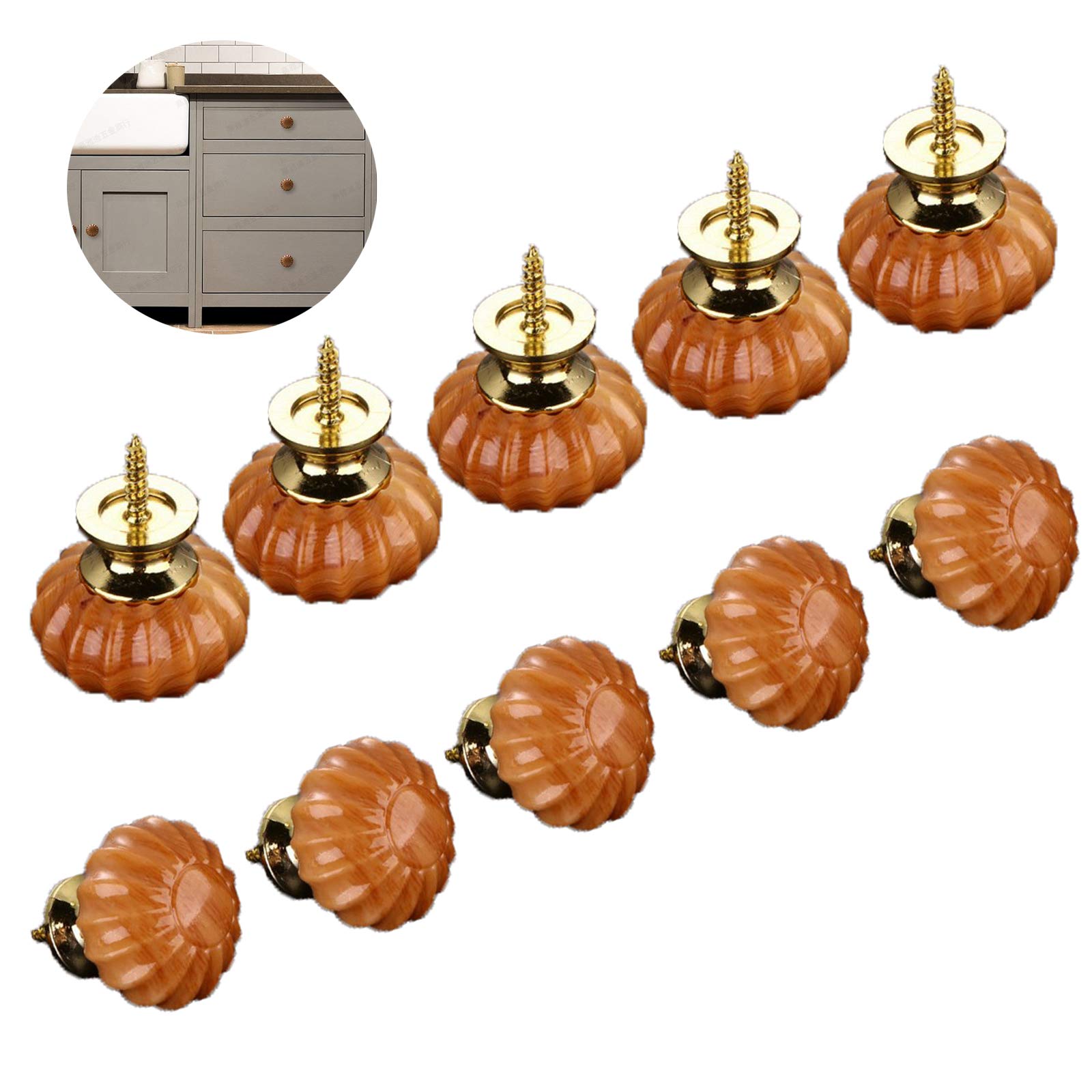 10 Pieces Furniture Knobs Set, Vintage Pumpkin Cabinet Drawer Knobs, Single Hole Kitchen Cabinet Wardrobe Pull Handles Door Handle for Home Office Kitchen Bedroom
