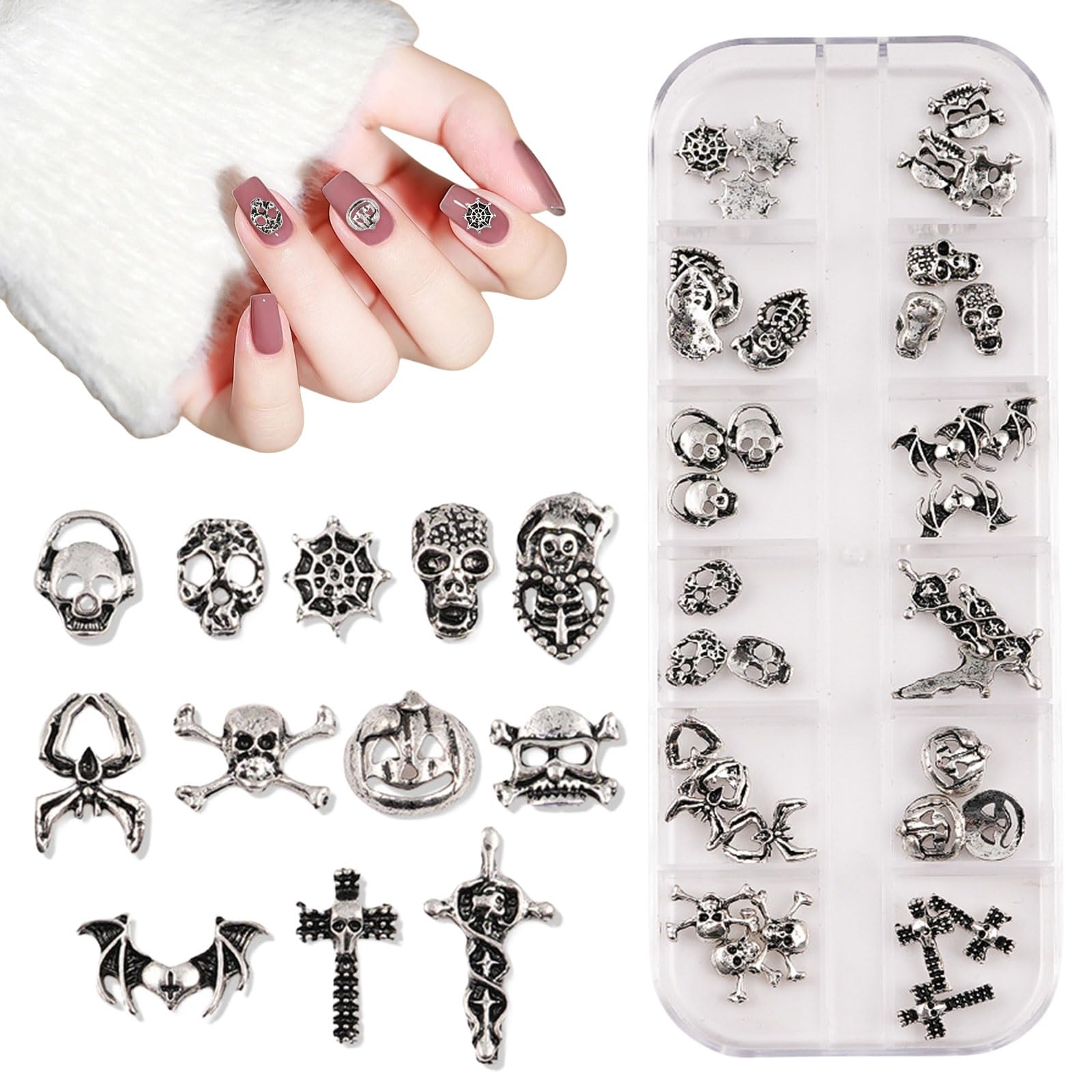 3D Halloween Nail Art Charms,1Box 12Grids Skull Pumpkin Bat Spider Web Cross Alloy Nail Art Jewelry Decoration,Silver Nail Gems Rhinestones Nail Supplies for Nail Design DIY Crafts (B Pattern)