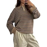Bocymolay Women Striped Rugby Polo Shirt Button Collared Oversized Pullover Sweater Preppy Sweatshirt Knitwear