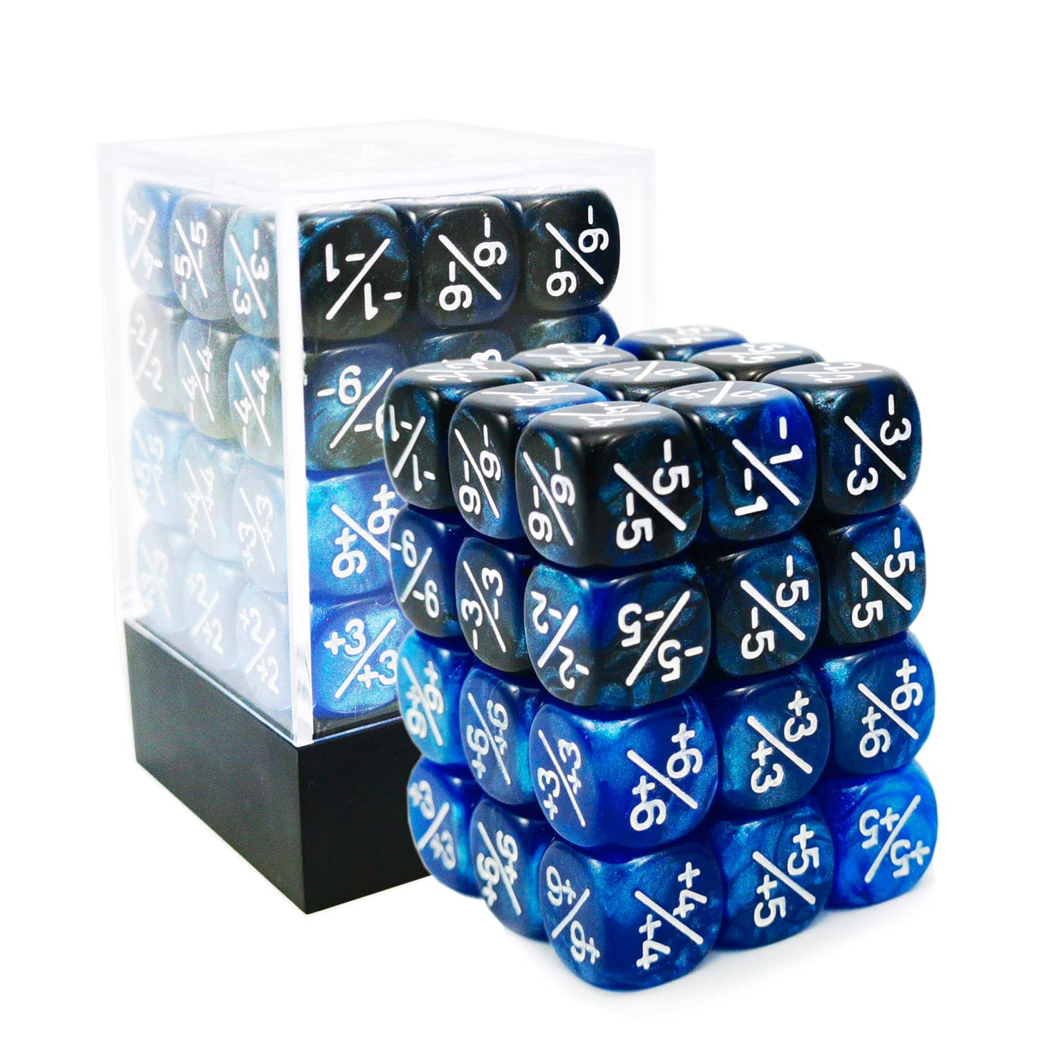 36pcs 12mm Positive and Negative Dice Counters Marble Blue+Gemini Blue&Black Set, Small Token Dice Compatible with MTG, CCG, Card Games — image 1