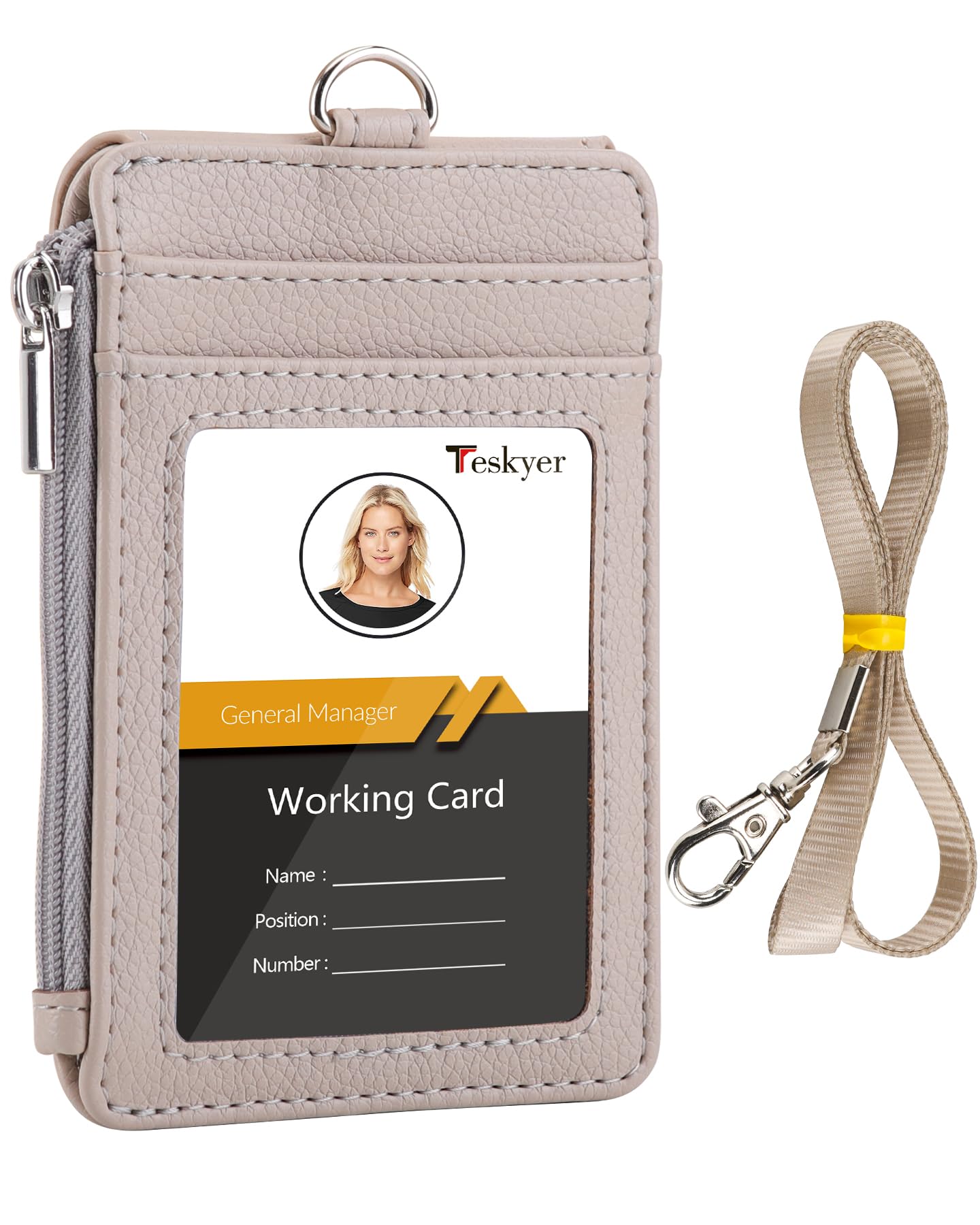 Teskyer Badge Holder with Lanyard, Slim Credit Card Wallets, Card Holder with Zipper Pocket, 1 ID Window, Holds up to 4 Cards, PU Leather, Beige