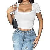 DJT Womens Square Neck Going Out Crop Tops Ribbed Knit Short Sleeve Slim Fit T Shirts Y2K Summer Basics Tees