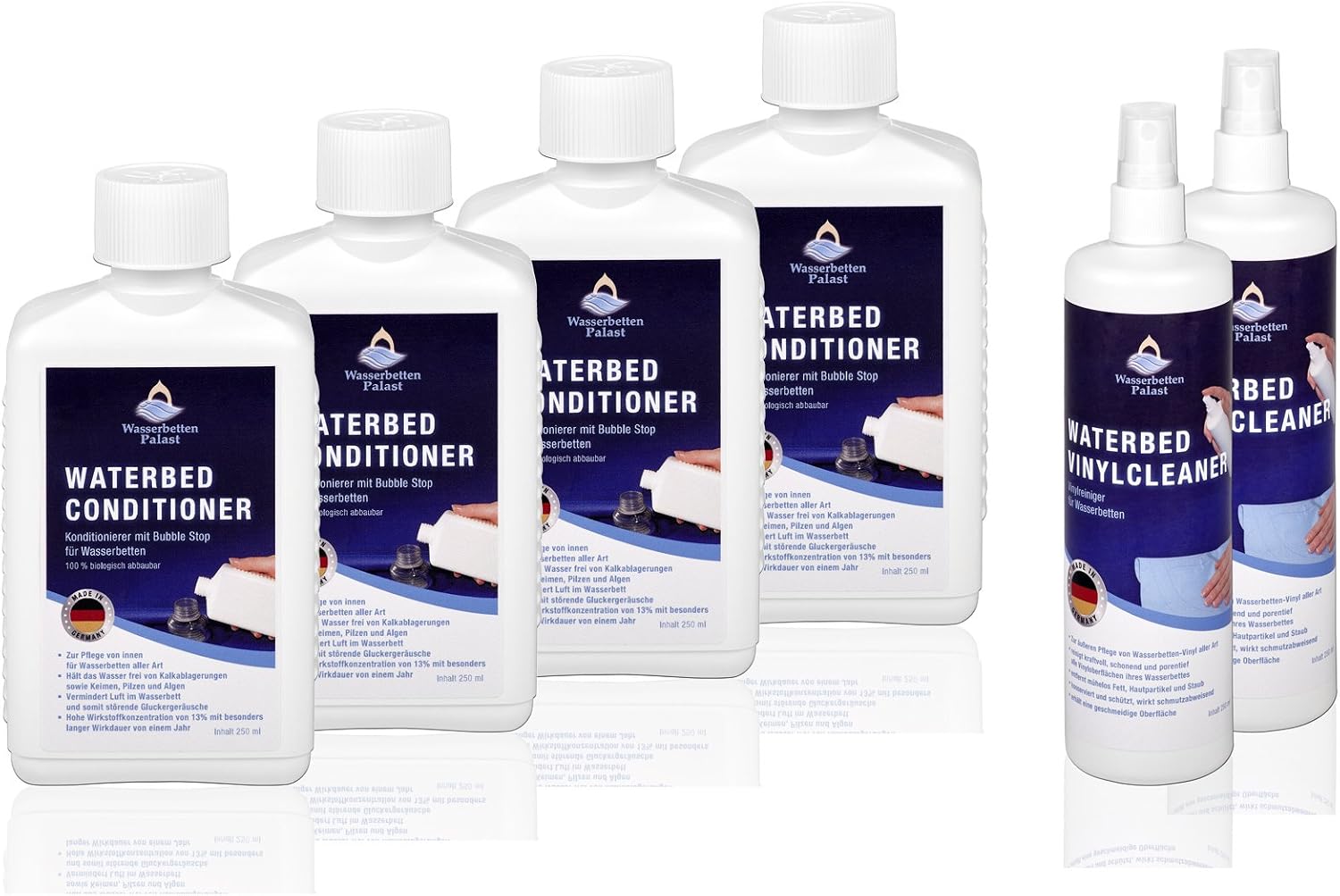 B.M. Europe Wasserbett Conditioner & Vinylreiniger – 4 X 250 Ml Conditioner + 1 X 250 Ml Reiniger, Für Softside/Hardside