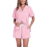 ANLIQI Womens Pajama Sets 100% Cotton Pajamas for Women Soft Short Sleeve Pj Sets Button Down Sleepwear Summer Pjs S-XXL