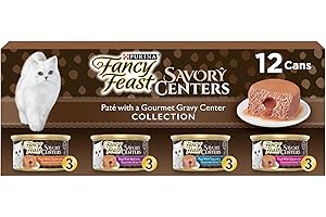 Purina Fancy Feast Savory Centers Wet Cat Food Pate Variety Pack With Chicken, Salmon, Beef, and Tuna Pate with Gravy Center - (2 Packs of 12) 3 oz. Pull-Top Cans