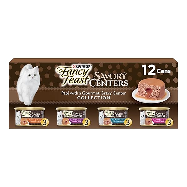 PURINA FANCY FEAST SAVORY CENTERS WET CAT FOOD PATE VARIETY PACK WITH CHICKEN, SALMON, BEEF, AND TUNA PATE WITH GRAVY CENTER – (2 PACKS OF 12) 3 OZ. PULL-TOP CANS