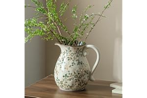 SURE YUESI Green and White Vintage Vase with Handle, Chinoiserie Floral Pitcher Vase, Rustic Ceramic Farmhouse Vases for Home Decor, Living Room, Bookshelf, Office, Grand Millennial Decors, Tuscan Decor 7.9 Inch