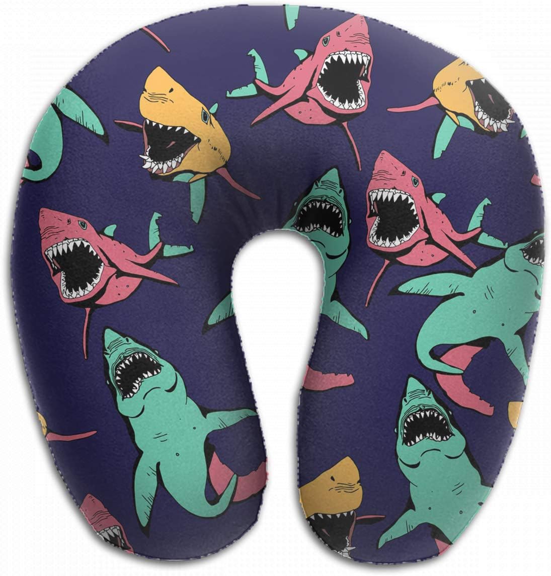 Emvency U-Shaped Travel Neck Support Pillow Angry Shark Sea Life Pattern Airplane 12x11.5 Inch Soft U-Pillows with Rebound Material for Kids Adults