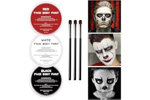 VPCRT6 White Black Red Oil Face Body Paint Set,Halloween Joker Clown Makeup Kit with 3 Brushes, Professional Black White Red Face Body Painting Kit for Halloween Sfx Makeup, Theater, Cosplay, Costume