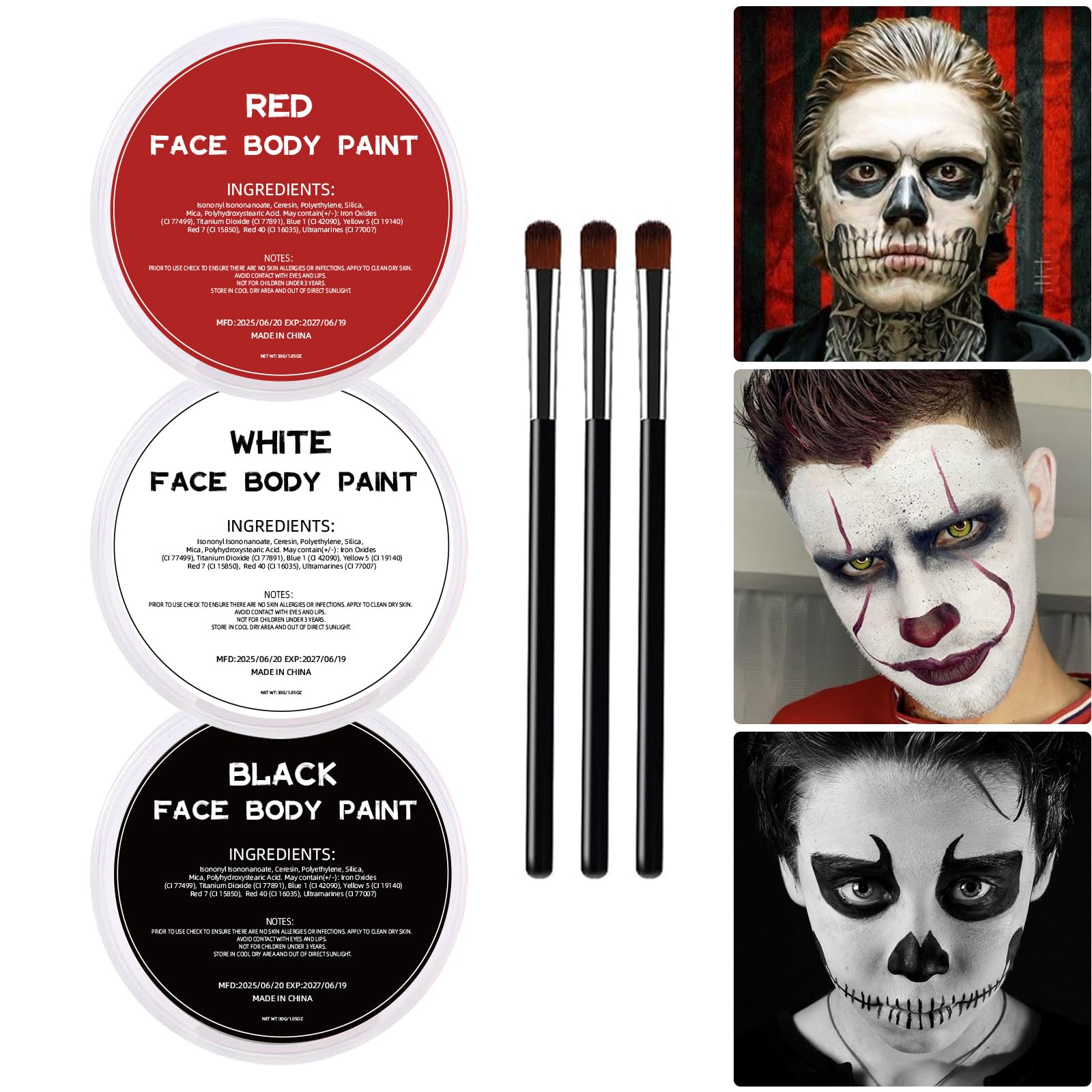 Photo 1 of White Black Red Oil Face Body Paint Set,Halloween Joker Clown Makeup Kit with 3 Brushes, Professional Black White Red Face Body Painting Kit for Halloween Sfx Makeup, Theater, Cosplay, Costume