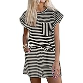 Tankaneo Womens 2 Piece Short Sets Striped Summer Outfits Cap Sleeve Tops and Elastic Waist Lounge Matching Set