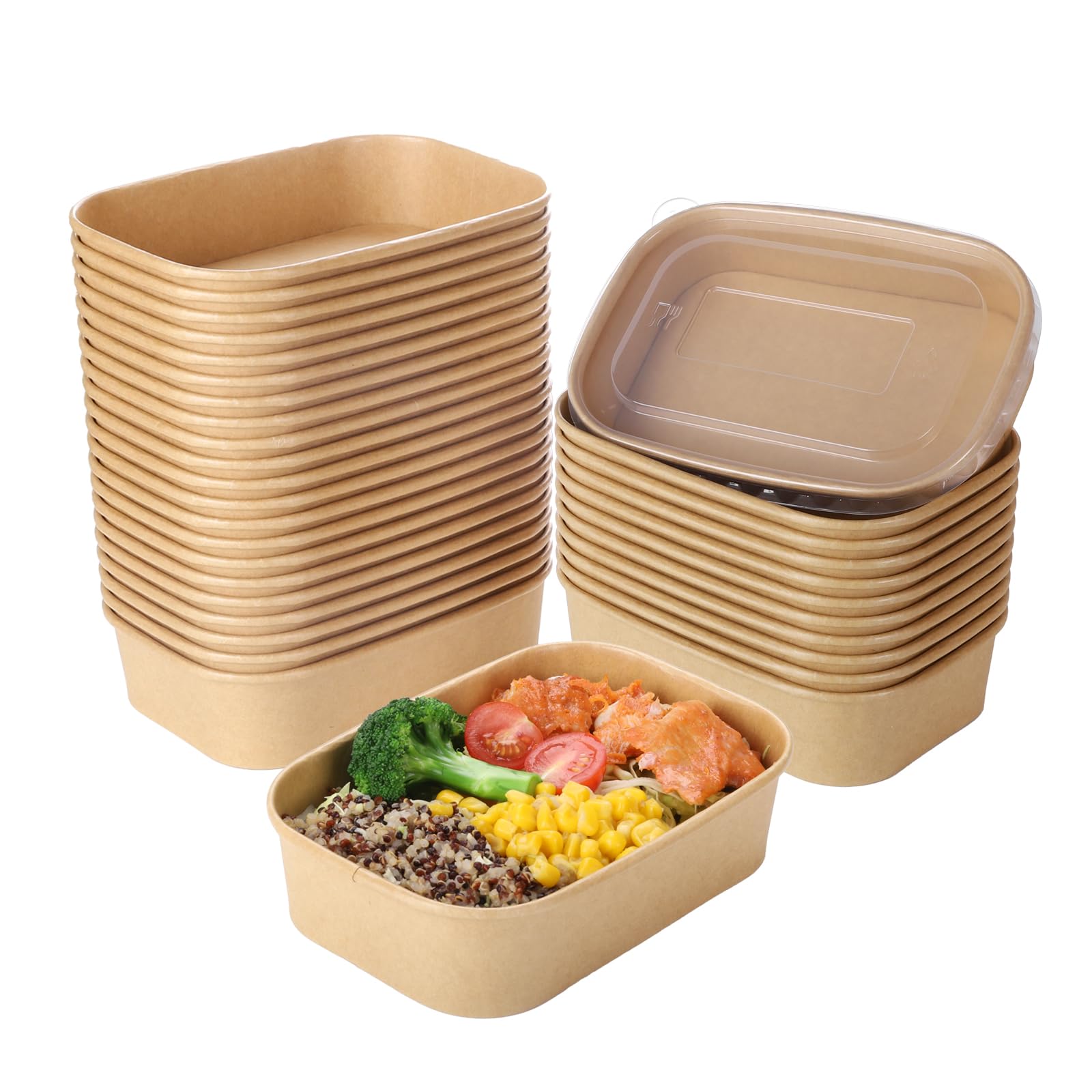 Belinlen 50 Sets 17oz Disposable Kraft Paper Bowls with Lids, Rectangle ...